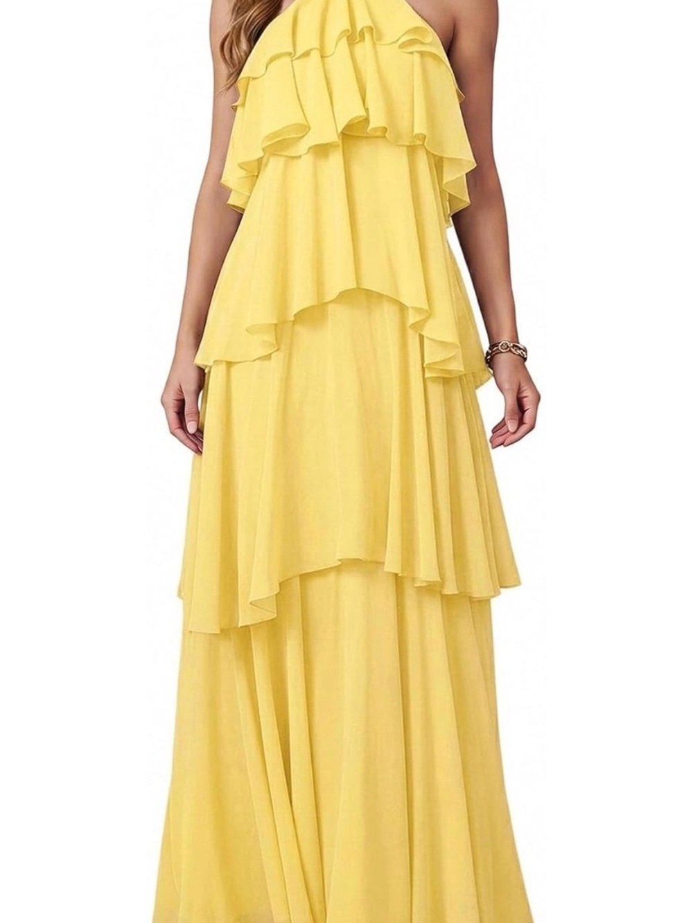 Yellow Tiered Ruffle Halter Maxi Dress - Women's